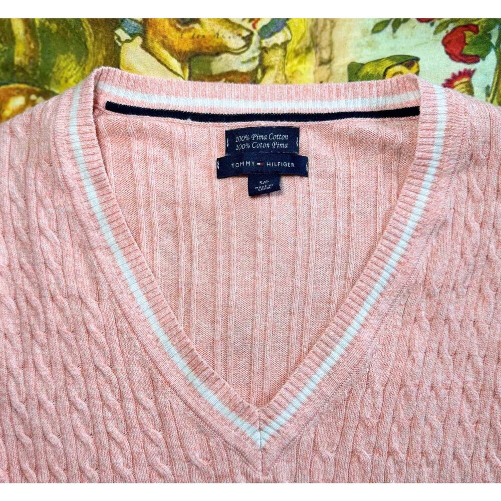 Lot of 3 Tommy Hilfiger Womens Cable Knit Sweaters Small Pink Blue Crew V-neck - Picture 2 of 13